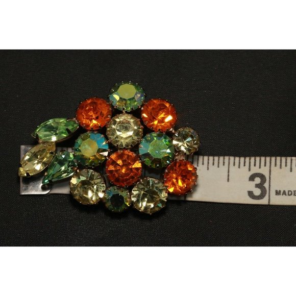 Vintage Karu Arke Brooch Green/Amber AB Aurora Borealis Rhinestone Prong Set Pin - Picture 7 of 8